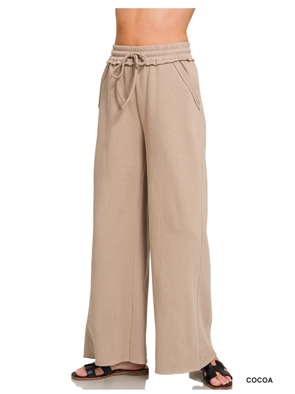 Zenana Outfitters Taupe Cocoa Elastic Wide-Leg Drawstring Pants small